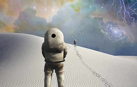 太空星球白色沙漠星球上的宇航员闪电上帝地平线星云沙丘太空人宇宙行星潜意识星系背景