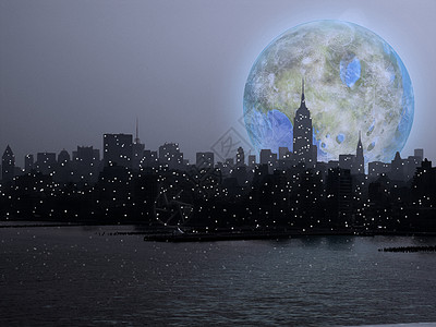月亮在曼哈顿上空变色黑暗旅行技术顶峰海洋宇宙悲伤城市地形月球图片