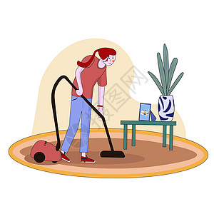 家庭主妇与吸尘器清洁工一起在家中抽真空 漂亮女性做家务 卡通性格 插图图片