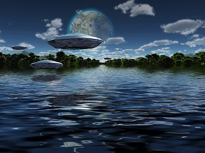 水世界中的航天器气氛飞船飞碟天空地球化旅行技术外星人月亮插图图片