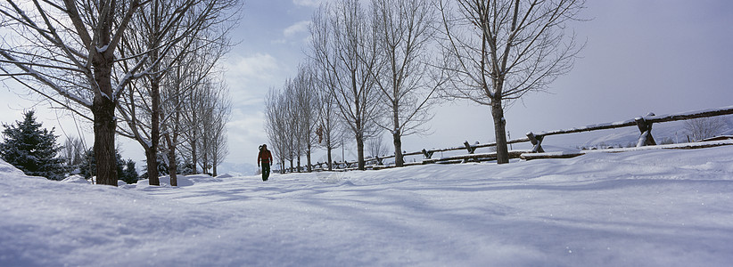 在雪覆盖的土地上行走的人白色自然天气天空天气状况全景栅栏图片