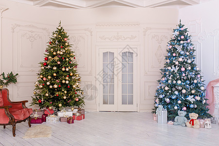 一个装饰着圣诞树的房间的装饰品沙发工作室壁炉奢华礼物公寓花环季节影楼风格图片