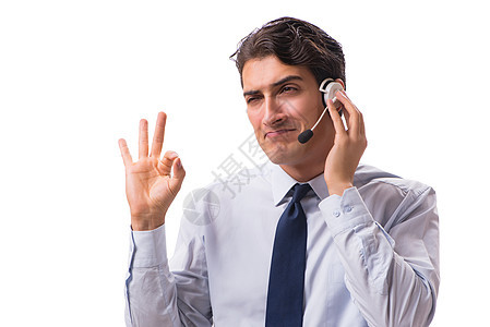 在白色背景上与耳机隔离的男子中心营销电话工作服务客户桌子麦克风电脑办公室图片