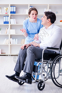 使用轮轮椅的残疾病人定期检查到访医生痛苦理疗程序椅子车轮人士医师事故骨科诊所图片