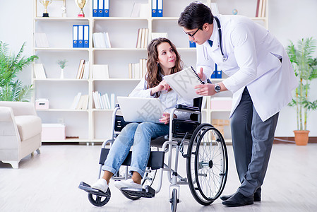 使用轮轮椅的残疾病人定期检查到访医生处方女士卫生程序椅子残障车轮创伤整骨师理疗图片