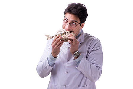 有趣的疯狂古生物学教授 研究动物骨架i的研究员科学家科学灭绝实验室骨骼医生幽默爬虫检查图片