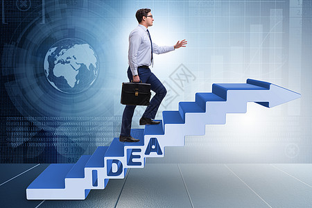 与商务人士攀爬楼梯阶梯的构想概念思维知识专利商业职业领导创造力工作智力解决方案图片