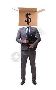 头上戴着美元盒子的商务人士储蓄兴趣预算财富纸盒金融外汇利润信用现金图片