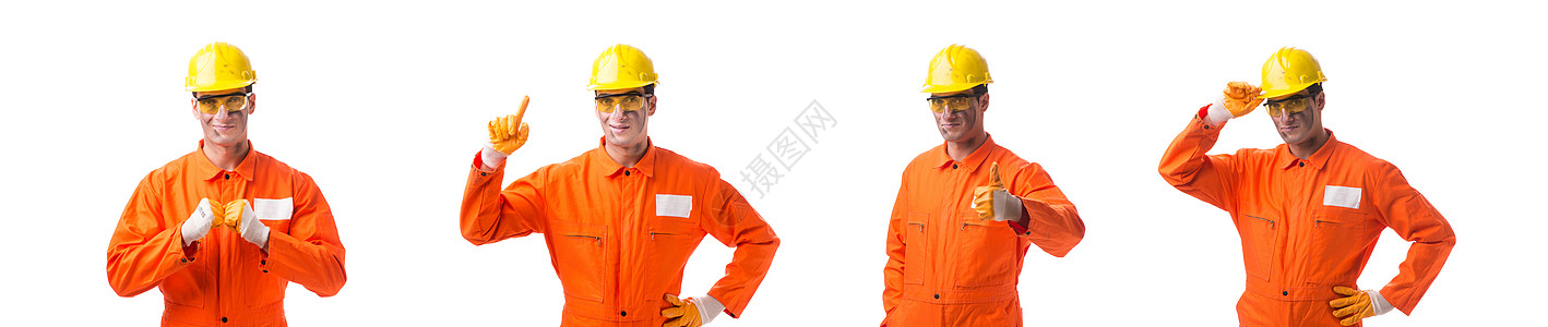 身着白色隔离带的覆盖物的承包商雇员服务头盔建设者工作消防队员眼镜姿势员工安全帽收藏图片