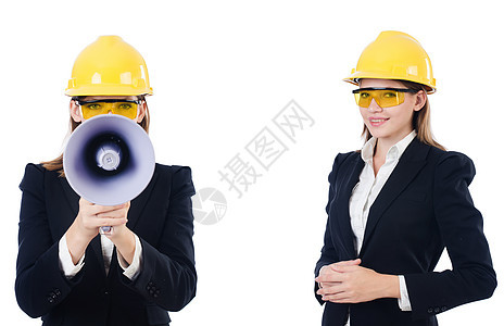 女性建筑商 用在白色上隔离的扩音器商务建设者姿势警告安全帽建筑师演讲商业安全工作图片