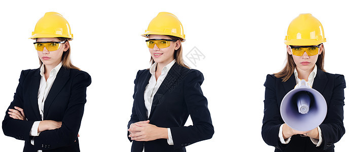 女性建筑商 用在白色上隔离的扩音器扬声器建筑师安全帽噪音商业商务建设者公告工作员工图片