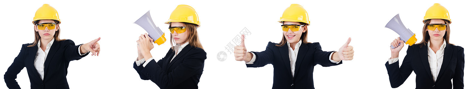 女性建筑商 用在白色上隔离的扩音器商务安全帽头盔员工女士商业演讲工作警告尖叫图片