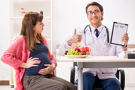 孕妇到访医生 讨论健康饮食问题药品拇指病人保健营养妇科医生考试分娩女士蔬菜图片