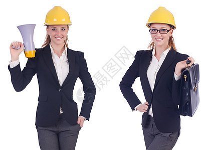 女性建筑商 用在白色上隔离的扩音器职业收藏工作头盔帽子姿势领导者放大器剪辑公告图片