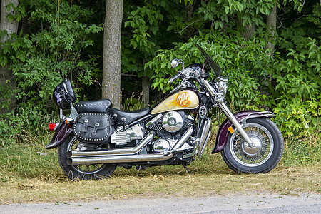 森林路旁的摩托车图片