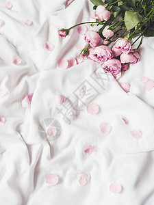 粉红玫瑰和花瓣在压碎的白色白织物上 自然优雅被单植物纺织品织物花束折叠静物宏观粉色时间图片