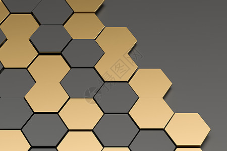 深色和金色六边形背景 3D介面奢华网格技术金属多边形蜂窝创造力商业工业几何学图片