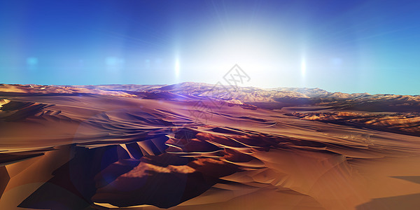 在沙漠的沙丘日落  3d 渲染蓝色世界场景阳光海滩干旱插图天空太阳地形背景图片