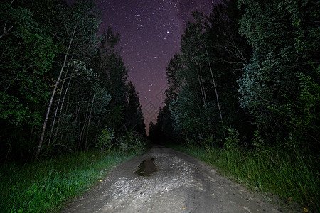 与星星一起在夏季森林泥土路上的黑夜中图片