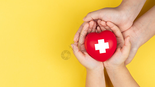 世界红十字日 成人和儿童手握着红心 他高血压国家急救心脏家庭卫生病人儿科保险捐赠者背景图片