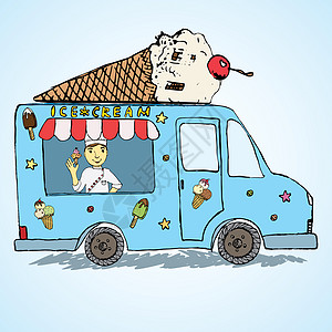 手画草图 冰奶卡车 彩色和玩乐与阳人卖家 在顶端手工味道胡扯香草巧克力动画片货车锥体插图涂鸦图片