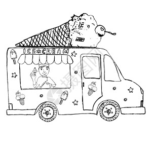 手画草图的冰奶油卡车 上面是阳人卖家和冰Cream锥壳顶部 与世隔绝车轮锥体司机水果送货机器货车焦糖商品手工图片