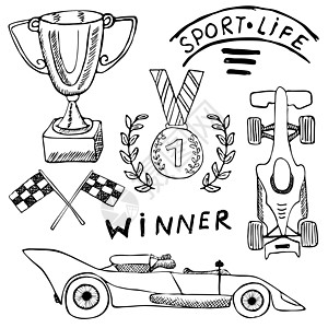 体育汽车项目涂鸦元素 带有旗帜图标的手绘集 方格或赛车旗帜第一名奖杯 奖牌和 rasing 车 种族矢量图 在白色上隔离的绘图涂图片