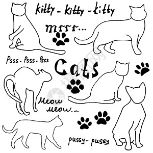 猫咪png手绘素描猫 silhoets 和痕迹 带刻字的轮廓涂鸦 在白色背景上隔离的矢量图解元素猫咪冒充团体爪子宠物捕食者踪迹野生动物哺乳背景