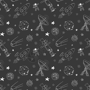空间面条图标无缝图案 手绘的肖像包括流星 日月 雷达 宇航火箭和恒星 黑板上的矢量插图天文学飞船宇航员彗星科学太空人宇宙陨石小行图片