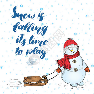 冬季引用有关雪的文字 手写书法符号 用雪人手画矢量图解 在白色上隔离庆典风格刻字天气顺口溜雪花帽子降雪草图蓝色图片
