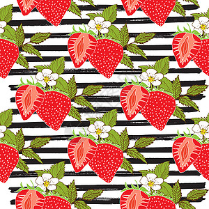 条纹图案草莓手画了草图 条纹无缝模式 矢量说明绘画饮食打印食物甜点剪贴簿水果果汁季节浆果背景