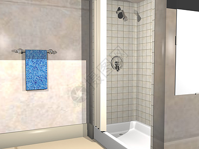 浴室卫生间 有淋浴隔间和毛巾铁栏房间瓷砖房浴缸毛巾架窗户肥皂盒图片