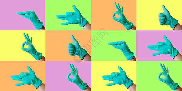 以彩色背景拼凑医学主题 在乳胶蓝色手套上不同的手势 医疗健康概念 笑声工作塑料医院手术诊所医生护士实验室孩子们手指图片