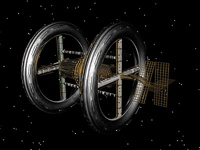 未来派空间站在太空中盘旋黄色空间收音机实验室环绕天空旅行蓝色科学卫星图片