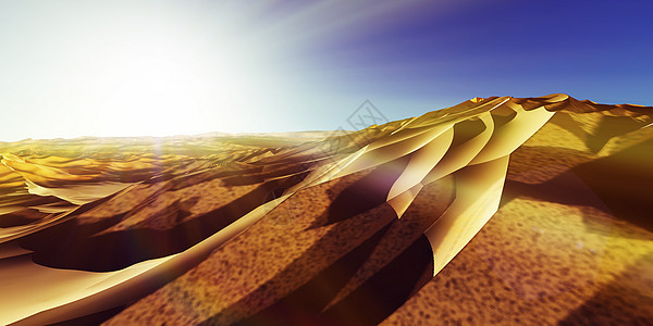 在沙漠的沙丘日落  3d 渲染海滩蓝色爬坡冒险日出阳光干旱观光地平线天空图片