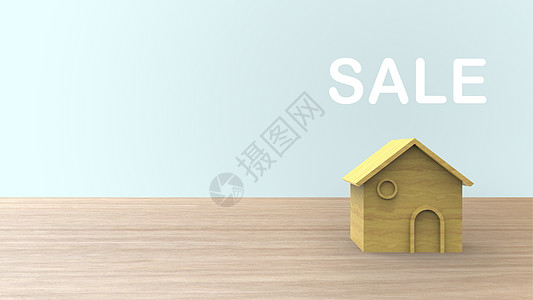 Wooden 3d家庭形状 在木板和复制空间上销售白字 用于文本 想法房屋概念 插图与蓝背景分离图片