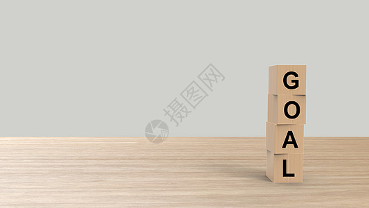 目标词木制立方体在桌子上垂直于灰色光背景高清 模型 模板 带有文本复制空间的横幅 足球足球 运动队目标 3d 渲染图图片