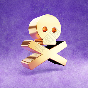 骷髅交叉骨图标 紫色天鹅绒背景上孤立的金色光泽骷髅交叉骨符号图片