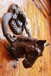 木制门上雕塑的老旧门锁马建筑学公告动物入口青铜戒指金子狮子造型古董图片