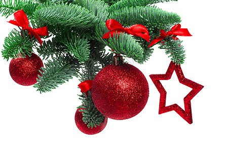 圣诞树和红色的小玩意儿在惠特庆典玻璃风格星星作品丝带新年装饰品枝条玩具图片