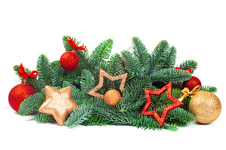 圣诞树和小玩意儿在惠特装饰新年玻璃玩具风格枝条边界丝带庆典云杉图片