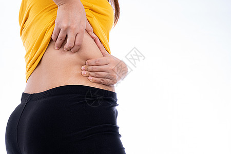 肥女人背部过低 超重脂肪孤立的白人背景 饮食生活方式 体重减退 胃肌肉 健康概念等组织橘皮数字腹部女士女性肚子重量烧伤肥胖图片