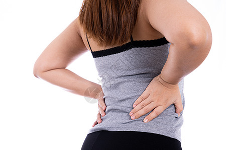患有腰部和背部疼痛的妇女与世隔绝的白种背景 保健和医疗概念风湿背痛风湿病药品伤害光盘成人男人肌肉痛苦图片