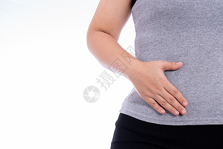 女性触摸胃 腰或肝脏的手与白种背景隔绝 卫生保健和医疗概念黄疸代谢感染消化胆囊排毒肠胃纤维化药品胰腺图片