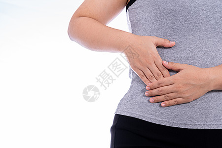 女性触摸胃 腰或肝脏的手与白种背景隔绝 卫生保健和医疗概念肠胃膀胱药品肝细胞疾病科学冒号肝硬化胰腺细胞图片