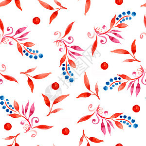 红色和蓝色的叶子和浆果的花卉水彩无缝图案草图纺织品枝条装饰品森林季节绘画墙纸艺术品插图图片