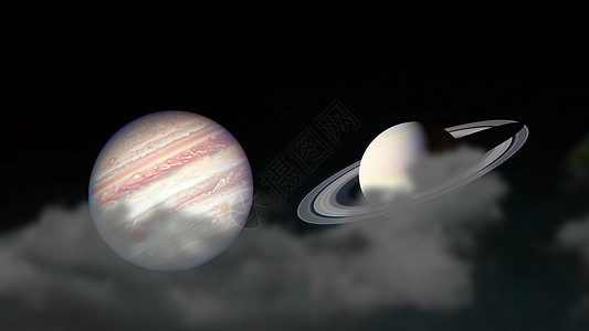 土星和木星在夜空上向后回升月光山云科学灰尘行星星星星云气氛世界星系天空星座图片
