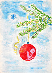 手绘雪作为圣诞树装饰的红球彩带和雪花 儿童画背景