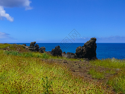 复活节岛 地貌 植被和海岸的自然性质牧场小城堡假期天空海滩雕像建筑学丘陵海岸线手掌图片