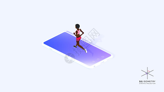在手机屏幕上运行的女人 概念性有氧运动训练等轴图卡通片插图组织等距有氧运动标准化跑步艺术减肥概念图片